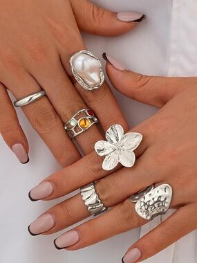 Anthropologie Silver Floral Statement Ring with Pearl Accent